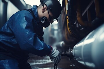 A man wearing a blue jacket is seen diligently working on a pipe. This versatile image can be used to depict various themes related to construction, plumbing, repairs, or maintenance. - obrazy, fototapety, plakaty