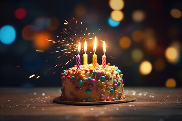 A picture of a birthday cake with candles lit and colorful sprinkles. This image can be used to celebrate birthdays and special occasions. - obrazy, fototapety, plakaty