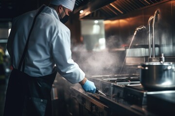 A chef wearing a white shirt and blue gloves is shown preparing food. This image can be used to represent a professional chef in a commercial kitchen or a cooking demonstration.