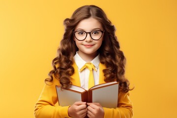 Cure Girl with Glasses Ready for School on Yellow Background Ultra Realistic 8K Stock Photo