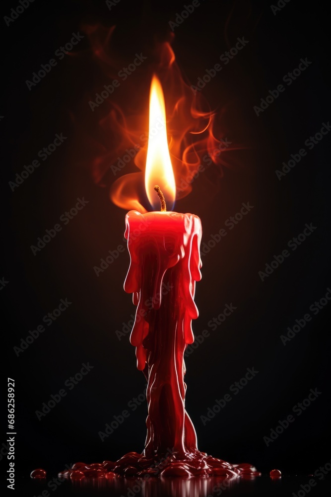 Poster A lit candle with a red flame on a black background. This image can be used to create a warm and cozy atmosphere or to represent hope and inspiration. It is perfect for various projects and designs.