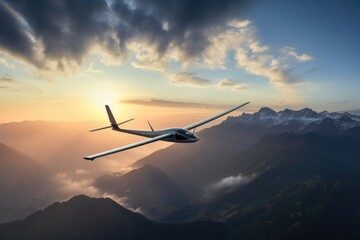 A small airplane can be seen flying over a majestic mountain range. This image can be used to showcase adventure, travel, and the beauty of nature.