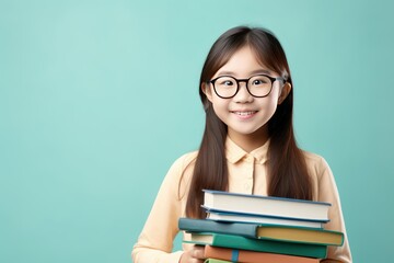 Cute Asian Girl with Glasses Ready for Back to School on Pastel Background