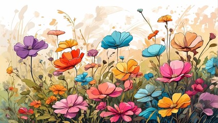 Naklejka premium Colorful meadow flowers illustration . Spring background