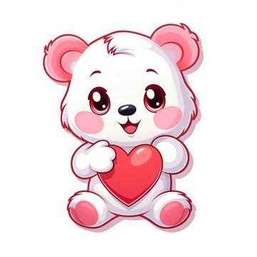 Cute Carebear Cartoon with Happy Time and Red Heart Pillow on White Background