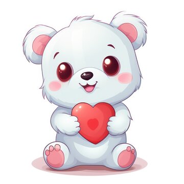 Cute Carebear Cartoon with Happy Time and Red Heart Pillow on White Background