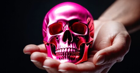 Hand holding pink Skull sculpture - art creative concept banner 3d rendering, copy space