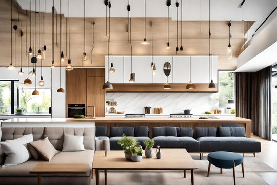 Pendant Lights Hanging On Ceiling In Modern Kitchen And Cushions Arranged On Sofa In Living Room