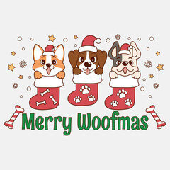 adorable illustration of small christmas dogs, dogs inside christmas stocking, puppies inside christmas calsetin with christmas hats