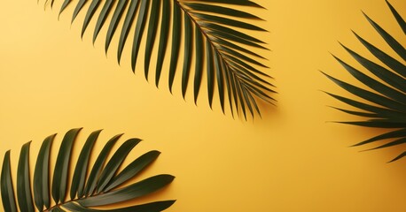 palm leaf on yellow background, vacation holiday beach concept