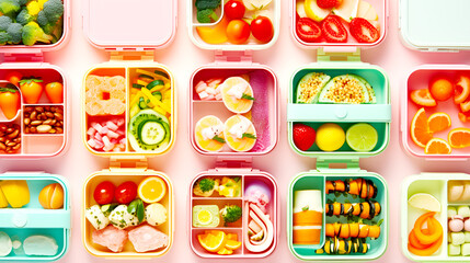 Lots of open  boxes for school, containing sandwiches and fruit. Pink background. Gentle colors - 686260706