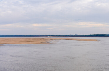 Panorama of sand banks due to extreme low water conditions on Mississippi river in October 2023...