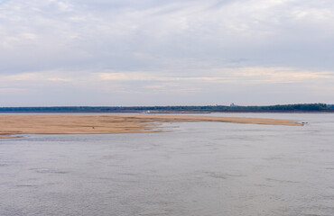 Panorama of sand banks due to extreme low water conditions on Mississippi river in October 2023 near Greenville, MS