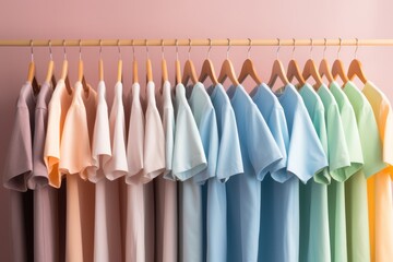 Fototapeta premium Pastel colored T-shirts hanging on hangers, women's casual wardrobe. AI generated