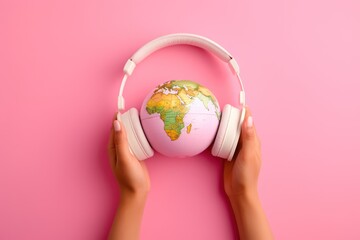 Globe with headphones on a pink background, the world of music and radio. AI generated