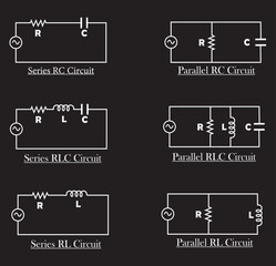 Different types of electric circuit diagram (RC, RLC and RLC). vector illustration.	