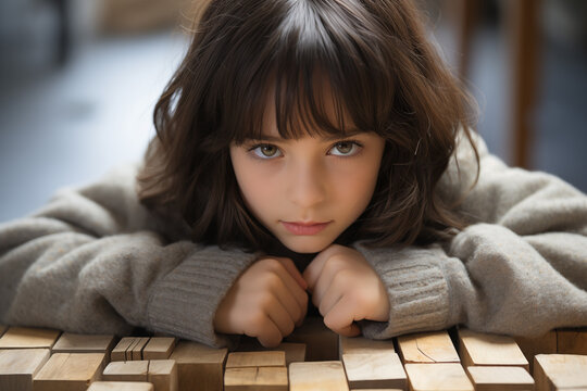 Young Caucasian black haired girl with wooden puzzle, autism spectrum disorder concept