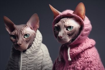Two Sphynx cats in knitted woolen clothes sit next to each other on black