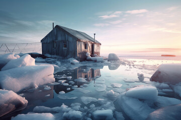 Abandoned frozen house in the Antarctic. Strong frosts.