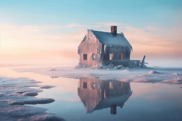 Abandoned frozen house in the Antarctic. Strong frosts. - obrazy, fototapety, plakaty