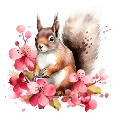 Fototapeta na wymiar Watercolor Spring Garden Clipart Playful Squirrel Among Colorful Azaleas