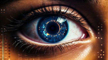 Close-up of human eye with futuristic digital overlay, concept of biometric scanning technology and advanced personal identification