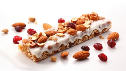 Granola energy bar close up cutout minimal isolated on white background. Ultra realistic granola bar 3d, icon, detailed. Grocery product advertising. - obrazy, fototapety, plakaty
