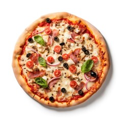 Italian pizza close up tasty with melted mozzarella cheese isolated on white background. Template of realistic pizza, icon, detailed.