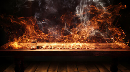 Cozy Home Atmosphere: Flames Burning on a Rustic Wooden Table - Warmth and Comfort in a Closeup of a Wooden Surface, Perfect for Backgrounds and Texture.