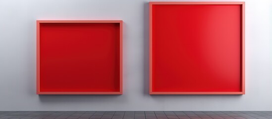 Two red square frames on gray wall for posters and showcasing products in a modern rendered interior room with no people