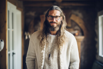 Portrait of a handsome European male model wearing prescription glasses and Norwegian knitted cardigan - obrazy, fototapety, plakaty