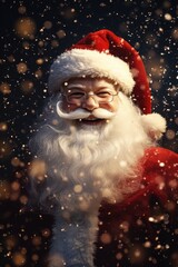 A man dressed as Santa Claus with a fake moustache. This picture can be used for holiday-themed events and promotions.