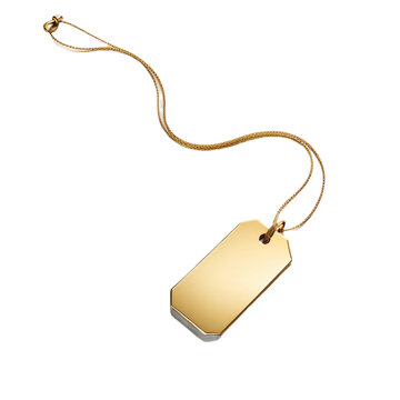 Etiqueta de ouro em branco, vazio, isolado. Colar dourado retangular, visto de cima, em fundo branco ou transparente.