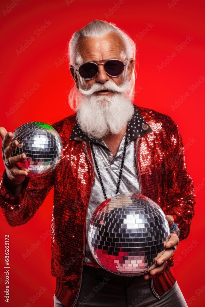 Poster a man in a red jacket holding a disco ball. perfect for parties and events
