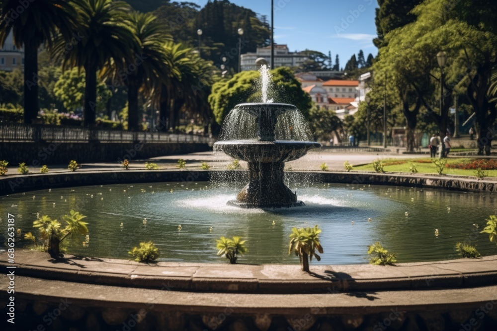 Poster A picture of a fountain in a park with palm trees in the background. This image can be used to depict a peaceful and serene outdoor setting