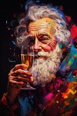 A painting of a man holding a glass of wine. This picture can be used to depict relaxation, celebration, or a sophisticated social gathering.