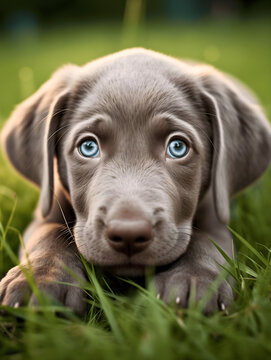Close up photography of a cute and adorable silver grey labrador dog breed puppy with blue eyes laying down in green grass nature field and looking at the camera