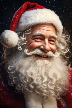 A close up view of a person dressed in a Santa suit. This image can be used for Christmas-themed designs or holiday promotions