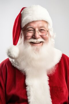 A man wearing a Santa suit and glasses, smiling. This picture can be used for holiday promotions and advertisements