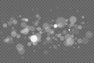 Christmas glowing bokeh confetti light and glitter texture overlay for your design. Festive sparkling white dust png. Holiday powder dust for cards, invitations, banners, advertising.