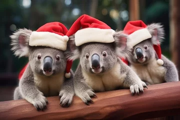 Rolgordijnen Three adorable koalas wearing festive Santa hats sitting together on a log. Perfect for Christmas-themed designs and holiday promotions © Fotograf