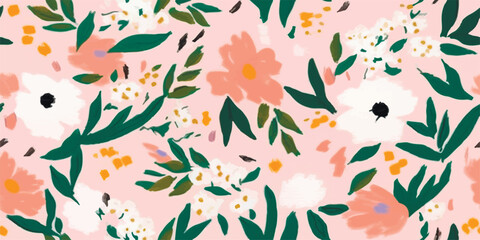 Vector seamless pattern, blooming absract cyan, pink flowers and yellow foliage-spots on coral background. Use in textiles, interior, wrapping paper and other design.