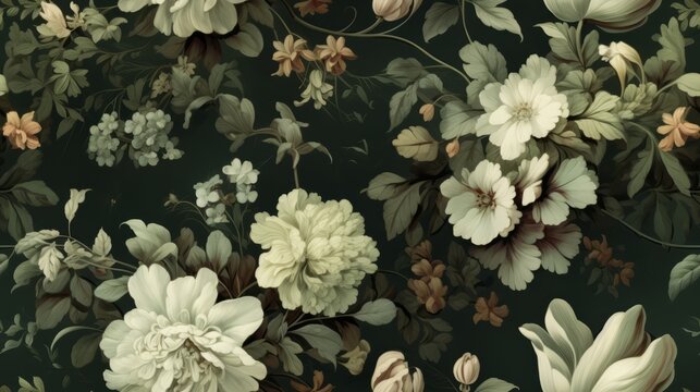 Vintage botanical flower seamless wallpaper, vintage pattern for floral print digital background, texture, sage green and white flowers