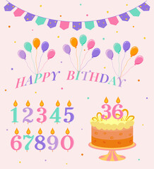 Happy birthday set, cake, candle, number, balloon, vector