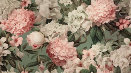 Vintage botanical flower seamless wallpaper, vintage pattern for floral print digital background, texture, sage green and pink flowers