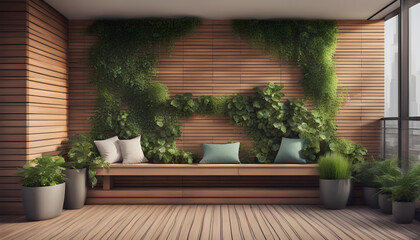 Morden residential balcony garden with bricks wall, wooden bench and plants.