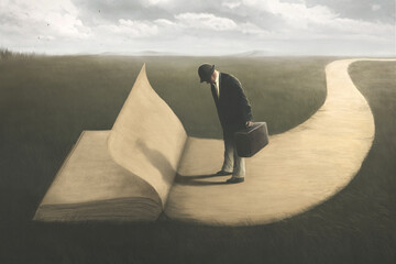 Illustration of man walking on a surreal book, abstract travel concept - obrazy, fototapety, plakaty