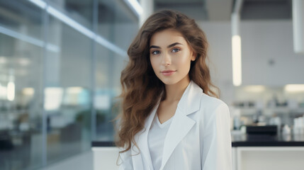 Fototapeta premium Young female science researcher wearing work clothes. Chemistry. Physics in a chemistry lab. Generative AI.