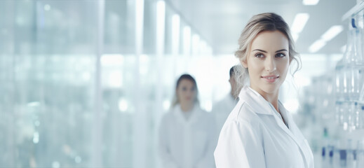 Young female science researcher wearing work clothes. Chemistry. Physics in a chemistry lab. Generative AI.