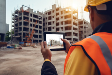 Construction worker holding tablet in hands at a construction site